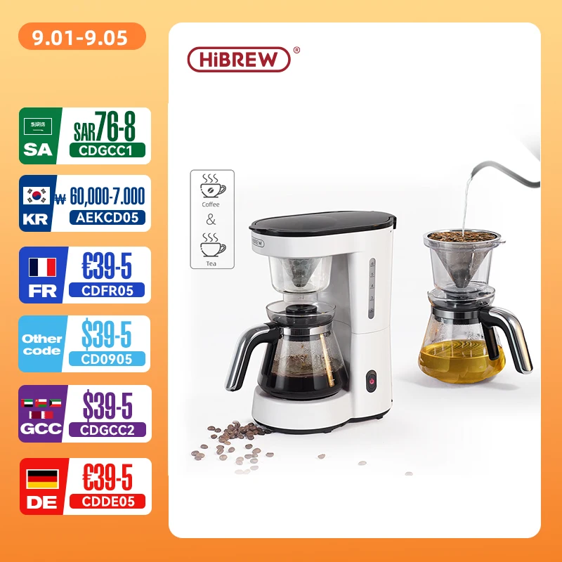 HiBREW 3 in 1 미국 드립 커피 기계 커피 위에 붓기 메이커 유리 찻주전자 뜨거운 차 메이커 750ML H12