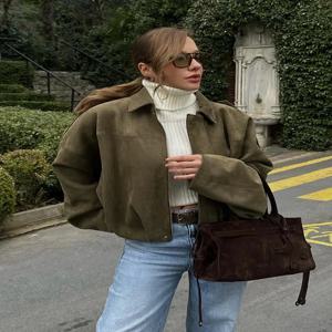 TRAFZA 여성용 스웨이드 텍스처 자켓 버튼 하이 스트리트 턴 다운 칼라 긴 소매 신축성 지퍼 솔리드 스프링 트렌디 코트