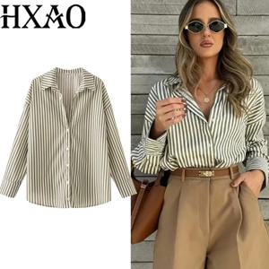 HXAO 2025 셔츠 블라우스 새로운 긴 줄무늬 셔츠 여성 긴 소매 캐주얼 셔츠 대형 탑 여름 일반 버튼 업 셔츠 088