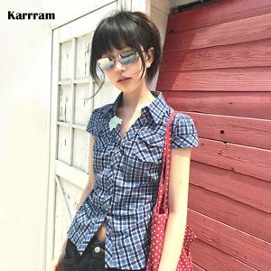 Karrram 일본 Y2k 격자 무늬 셔츠 빈티지 하라주쿠 v 넥 블라우스 한국 패션 여성 반팔 셔츠 2000 년대 미국 복고풍