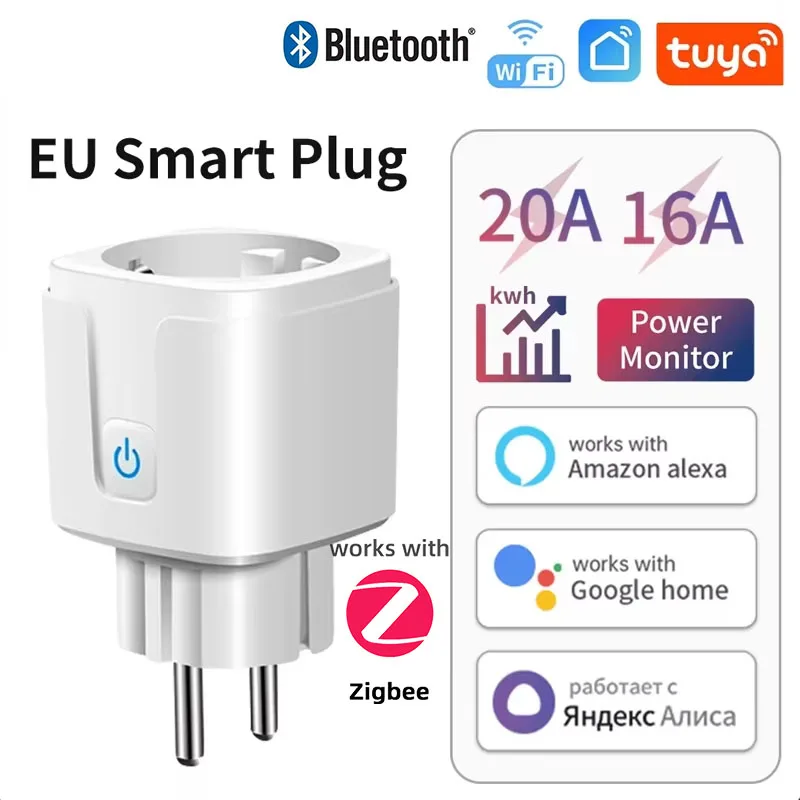 Tuya 스마트 WiFi ZigBee 3.0 플러그 EU 소켓 16A/20A 전원 모니터 타이머 기능 Alexa Google 홈 스마트 라이프용 음성 제어