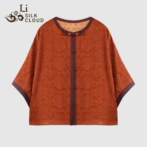 LI SILK CLOUD 100% Mulberry Silk Xiangyunsha 7-슬리브 셔츠 - 중국 클래식 레드, 라지 스윙 밑단, 전통 오리엔탈 블라우스