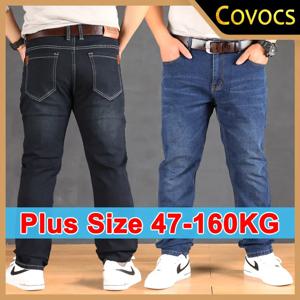 47-160KG 플러스 사이즈 남성 청바지 가을 봄 블랙 블루 바지 스트레이트 비즈니스 느슨한 긴 바지 코튼 청바지 남성 의류