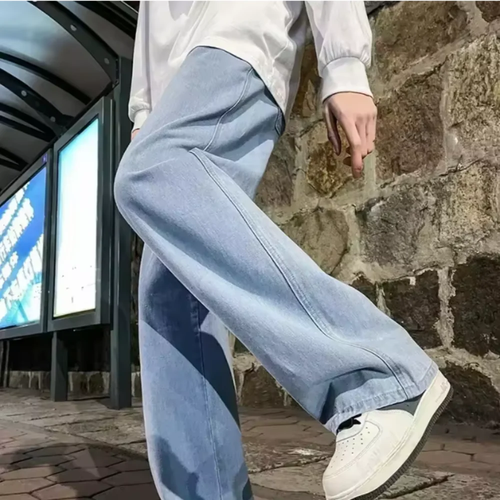 2025 신상 스트릿웨어 루즈핏 청바지 남성 한국 스타일 패션 루즈 스트레이트 와이드 레그 팬츠 남성 브랜드 의류 블랙 라이트 블루 3XL
