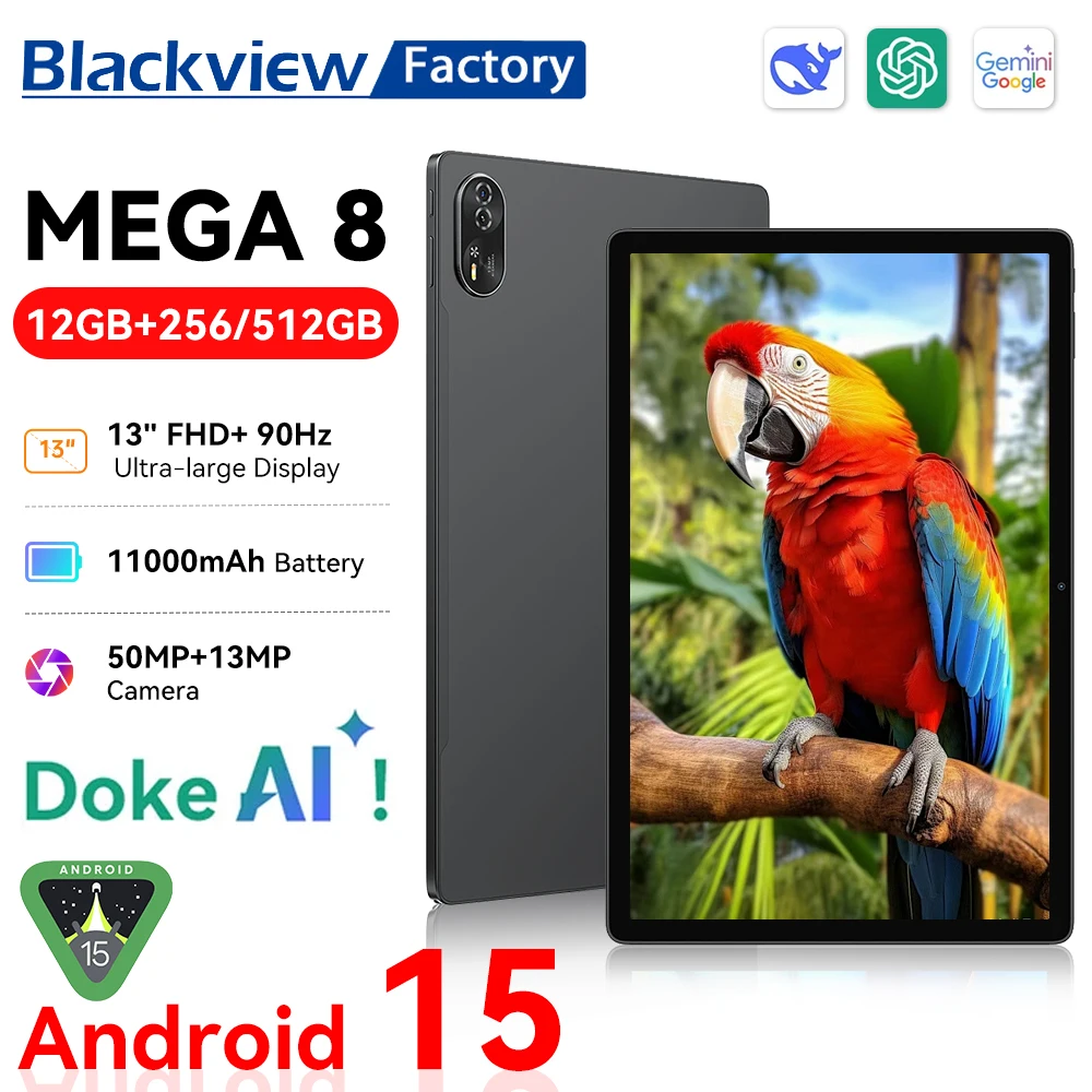 【세계 최초 공개】Blackview MEGA 8 태블릿 13인치 FHD+ 90Hz 디스플레이 11000mAh AI 안드로이드 15 50MP 카메라 4박스 스피커 4G 패드 PC