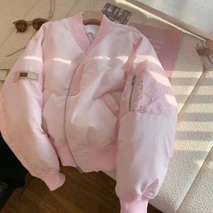 핑크 두꺼운 따뜻한 야구 유니폼 자켓 여성 가을 ​​겨울 느슨한 코튼 패딩 폭격기 코트 한국어 달콤한 짧은 파카 아웃웨어