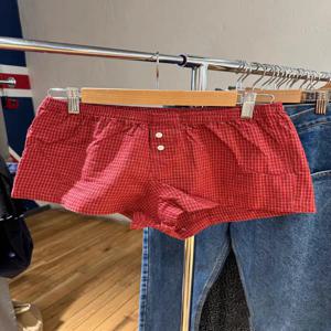 붉은 격자 무늬 Straigth 반바지 여성 여름 탄성 허리 버튼 캐주얼 달콤한 짧은 바지 코튼 Y2k 바지 빈티지 홈 속옷