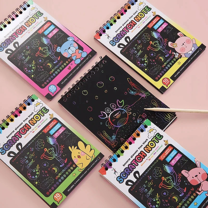 몬테소리 스크래치 그림 참고 스크래치 아트지 DIY 어린이 매직 레인보우 긁기 드로잉 아트지 메모장 편지지 장난감