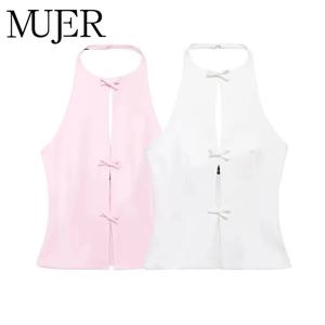 MUJER 2025 오프숄더 홀터넥 크롭탑 여성 핑크 화이트 크롭탑 여성용 리본 컷아웃 슬리브리스 백리스 탑 여성 섹시 여름탑