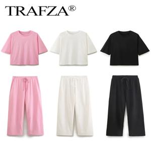 TRAFZA 여성용 캐주얼 스포츠 바지 세트 빈티지 단색 반팔 O넥 티셔츠 및 드로스트링 조깅 바지, 여성용 통근 세트