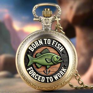 펜던트 체인이 있는 절묘한 BORN TO FISH 패턴 디자인 석영 회중시계 - 세계 시간 기능, 남성과 청소년을 위한 훌륭한 선물