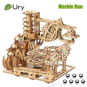Ury 3D 나무 퍼즐 전기 투석기 트랙 장치 대리석 실행 세트 기계 모델 과학 미로 7 공 어린이를위한 조립 선물