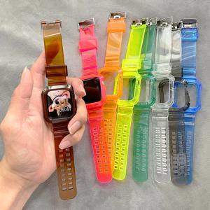 Apple Watch 시리즈 9 8 7 6 SE 5 49mm 45mm 44mm 38mm 41mm iwatch 10 46mm 42mm 플라스틱 스트랩 용 클리어 밴드 + 케이스