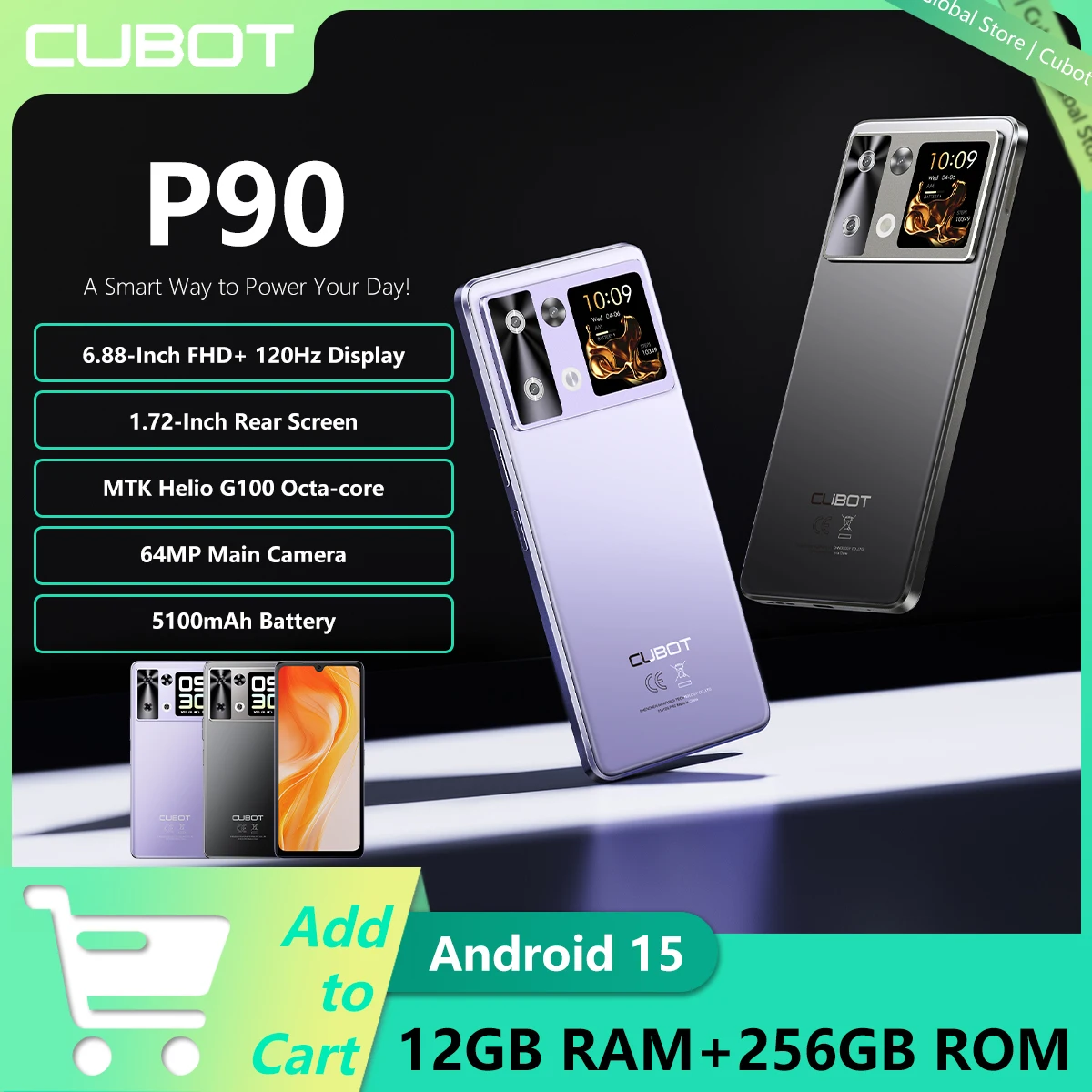 스마트폰 안드로이드 15 Cubot P90, 6.88인치 120Hz 화면, 24GB RAM(12+12GB 확장), 256GB ROM, G100 옥타코어 2.2GHz 프로세서, 64MP 카메라, 5100mAh 배터리, NFC, 듀얼 스피커, 4G 폰, smartphone android