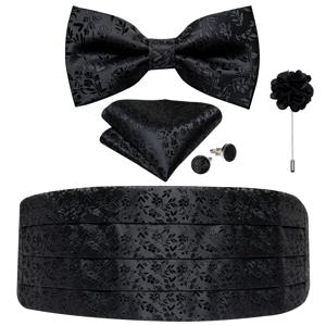 남성용 클래식 블랙 Cummerbunds 실크 꽃 무늬 Cummerbund Bow Tie 브로치 핀 세트 탄성 와이드 턱시도 허리띠 드레스 벨트