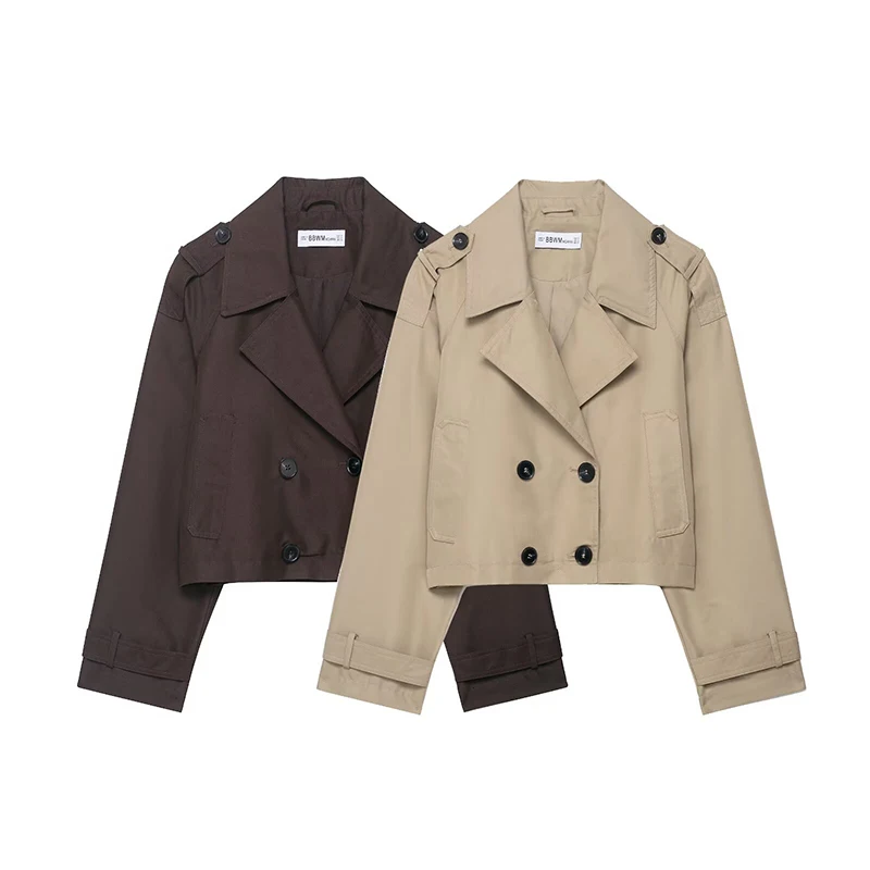 RAFZNB 여성 패션 더블 브레스트 짧은 코트 트렌치 턴 다운 칼라 긴 소매 코트 빈티지 여성 겉옷 Chic Tops