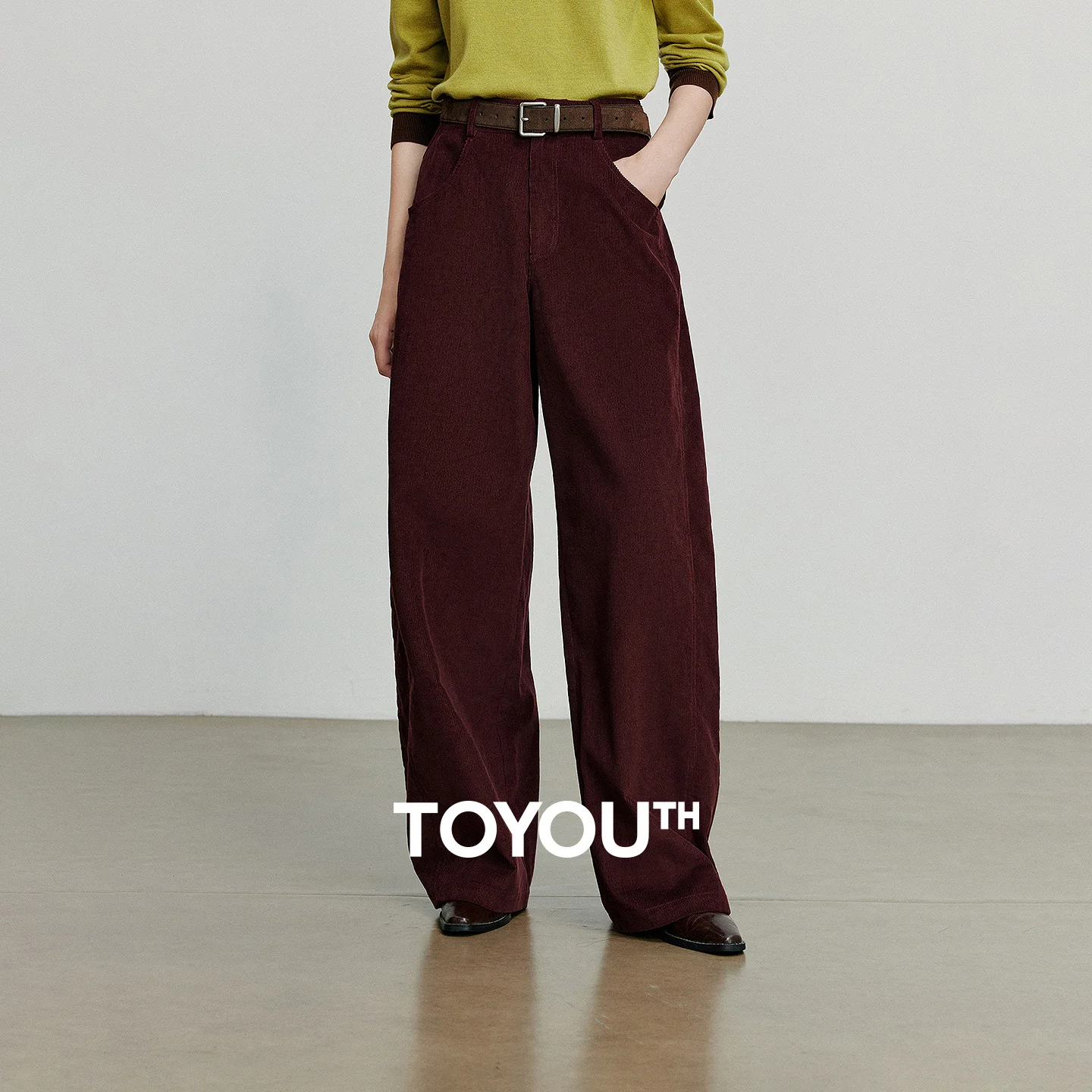 TOYOUTH 여성 캐주얼 바지 2025 가을 신상 코듀로이 스트레이트 와이드 레그 바나나 팬츠 안코라 레드