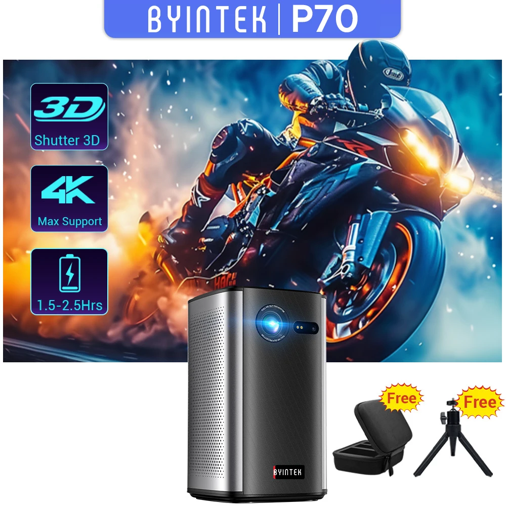 BYINTEK P70 프로젝터 4K 1080P DLP 미니 휴대용 프로젝터 홈 시어터 스마트 Wi-Fi 및 Bluetooth(배터리 포함 영화 및 게임용)