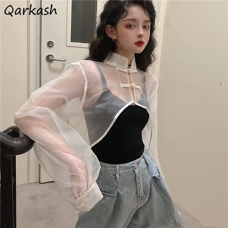태양 증거 셔츠 여성 자르기 스탠드 칼라 전통 중국 스타일 레저 기질 우아한 streetwear 숙녀 섹시한 여름 camisas