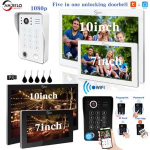 비디오 인터콤 시스템 홈 지문 5in1 비디오 항목 잠금 해제 도어 폰 Tuya Smart 1080P 터치 Wifi 모니터 인터 캠 초인종