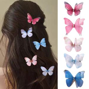 5PCS 새로운 메쉬 더블 레이어 나비 헤어 클립 소녀 사랑스러운 공주 머리핀 귀여운 어린이 머리 장식 헤어 그립 헤어 액세서리