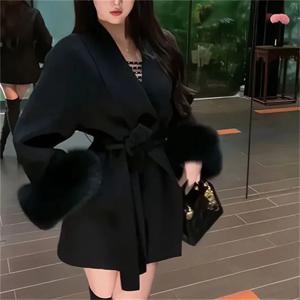 하이엔드 스플라이싱 짧은 모피 소매 혼방 울 코트, 레이스업 스트랩 모직 재킷, 용수철 및 가을 긴 소매 루즈