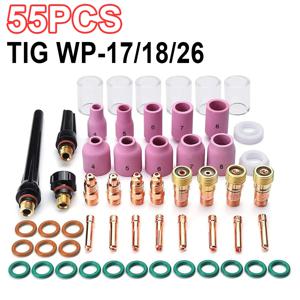 55pcs TIG 용접 토치 노즐 링 커버 가스 렌즈 유리 컵 키트 TIG WP-17/18/26 고온 내구성 실용 액세서리