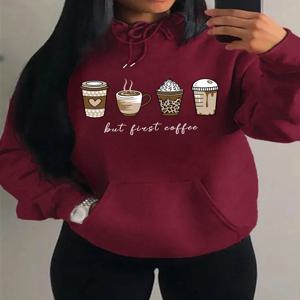 하지만 첫 번째 커피 만화 커피 음료 패턴 후드 패션 따뜻한 Hoody 캐주얼 유행 운동복 거리 여성 풀오버