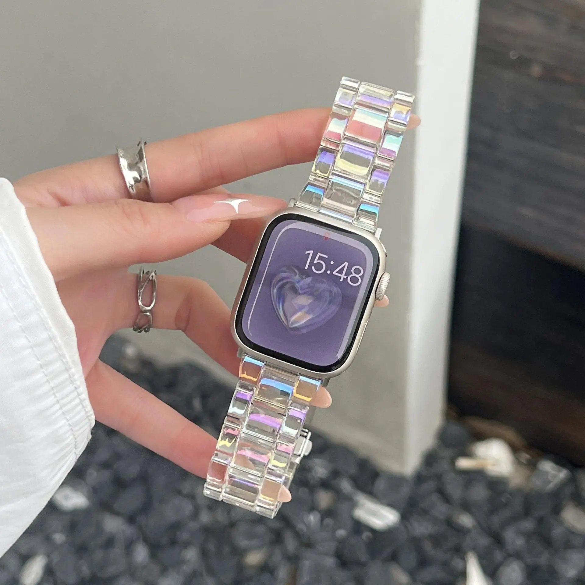 애플워치용 투명 글리터 스트랩 49mm 44mm 45mm 40mm 41 38 46 42mm 스포츠 아크릴 iWatch 시리즈 울트라 10 9 8 7 6 5 4 SE 밴드