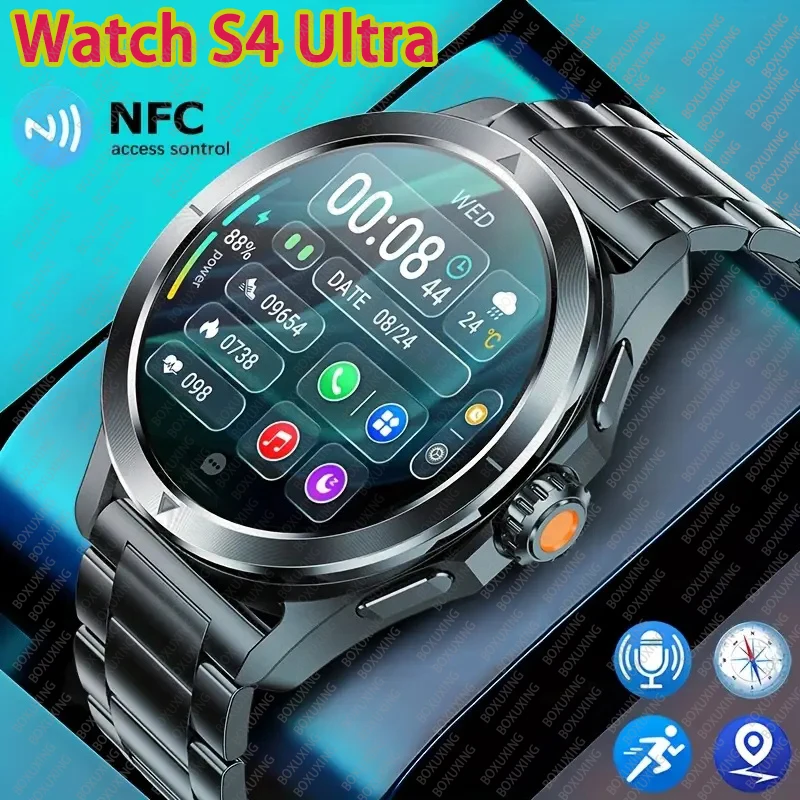 2025 새로운 S4 울트라 스마트 시계 남자 혈액 산소 심박수 나침반 방수 NFC GPS 추적 블루투스 통화 스포츠 Smartwatch