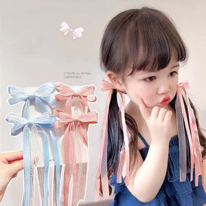 귀여운 어린이 나비 매듭 머리핀, 공주 소녀 긴 술 머리 장식, 핑크 블루 레이스 바레트, 요정 아이 헤어 클립 액세서리