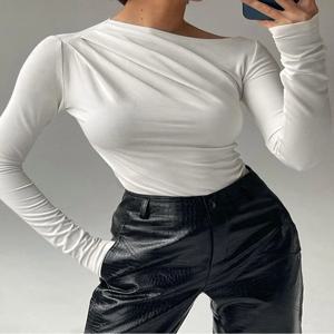 여성용 긴팔 상의, 기본 크롭탑, 단색 스큐넥 티셔츠, 스트리트웨어, 베이직 블랙 Y2K 티, 가을 폴오버