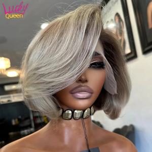 라이트 그레이 금발 다크 브라운 뿌리 짧은 밥 가발, 180 밀도 미리 뽑은 13x4 레이스 정면 인모 가발, 여성용 스트레이트