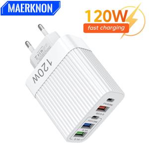 5 포트 120W USB 충전기 iPhone 15 용 고속 충전 유형 C 전화 충전기 전원 어댑터 Samsung Xiaomi Huawei USB C 벽 충전기