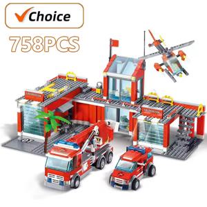 신제품 758pcs 소방서 모델 빌딩 블록 트럭 헬리콥터 소방관 벽돌 교육 DIY 장난감 어린이 선물