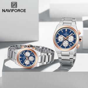 최고 브랜드 NAVIFORCE 남성과 여성 쿼츠 크로노그래프 시계 스테인레스 밴드 세련된 24시간 날짜 표시 커플 손목시계 2024