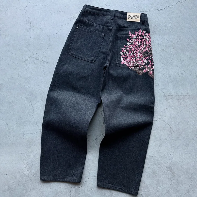 Y2K 청바지 하라주쿠 고딕 빈티지 매화 자수 패턴 와이드 레그 팬츠 streetwear 캐주얼 힙합 빈티지 아메리칸 청바지