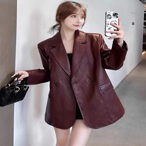 2025 봄 가을 신상 앙켈라 레드 레트로 고급 가죽 재킷 (여성용), 루즈핏 캐주얼 스키니 레더 수트 트렌디 블레이저