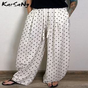 폴카 도트 코튼 린넨 팬츠 여성 와이드 레그 여름 밴딩 허리 얇은 바지 여성용 화이트 루즈 캐주얼 스트레이트 팬츠 여성 린넨