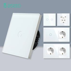 BSEED 1/2/3Gang 터치 라이트 스위치 1Way 단순 센서 스위치 유형-c USB 소켓 EU 표준 유리 패널 파란색 백라이트 10A 흰색