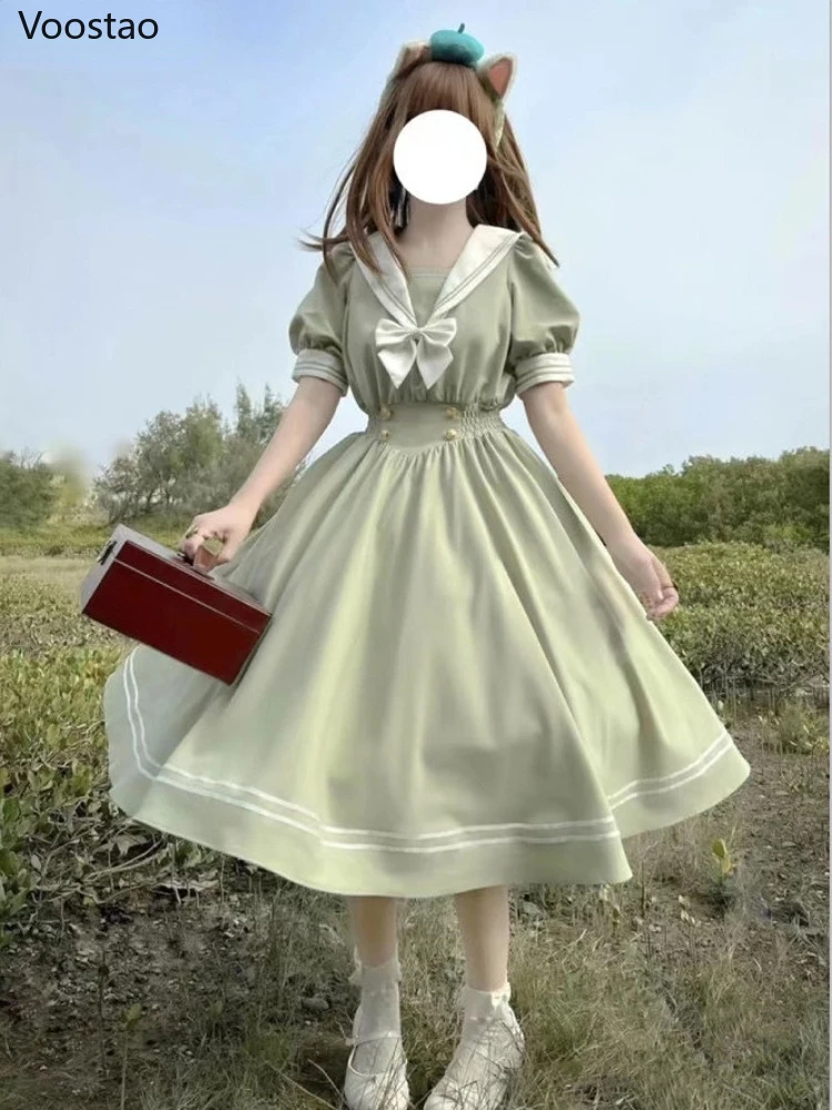 일본 부드러운 자매 귀여운 로리타 드레스 여성 달콤한 퍼프 슬리브 슬림 학생 드레스 파티 레트로 소녀 활 Salior Collar Vestidos