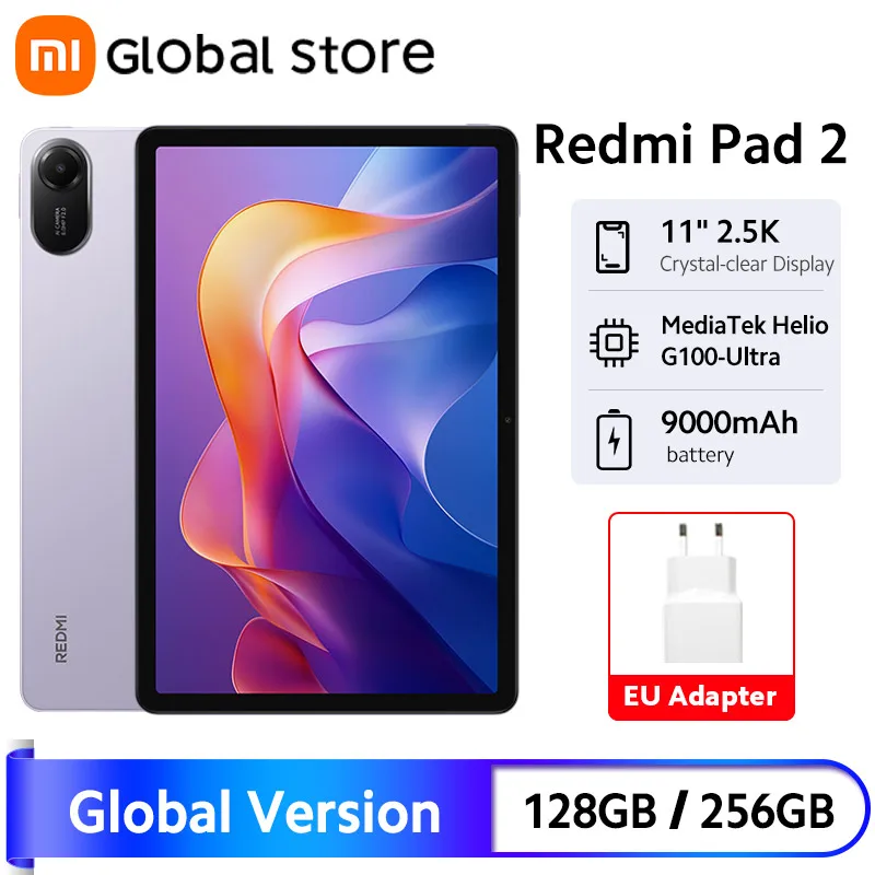 새로운 샤오미 레드미 패드 2 글로벌 버전 태블릿 9000mAh 배터리 MTK Helio G100-Ultra 11인치 디스플레이 8MP 카메라 고속 충전 90Hz