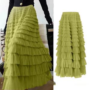 여름 봄 여성 다층 프릴 Tulle 스커트 Pleated High 허리 푹신한 맥시 스커트 요정 케이크 드레스 긴 투투 파티 스커트