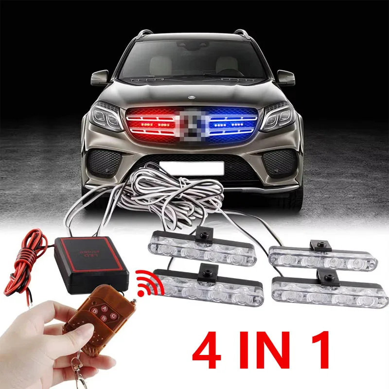 4 In 1 빨간색 파란색 비상 스트로브 조명 경찰 조명 12V 무선 원격 제어 플래시 그릴 라이트 자동차 트럭 밴 SUV