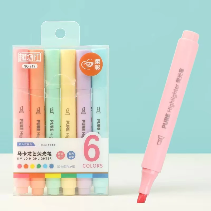 6 개/대 파스텔 컬러 마카롱 형광펜 펜 마커 펜 형광 펜 드로잉 형광펜 귀여운 편지지 학교 용품