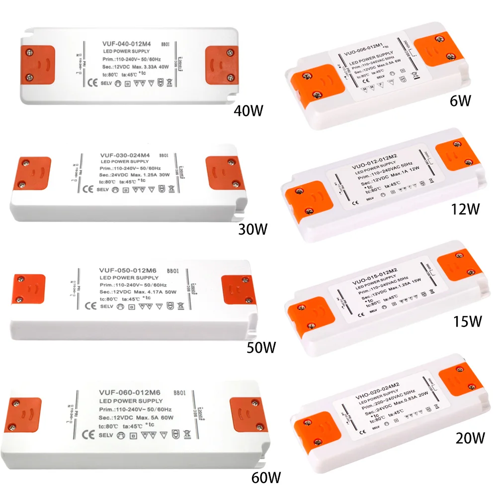 DC 12V 24V 울트라 얇은 조명 변압기 LED 전원 공급 장치 6W 15W 20W 30W 40W 50W 60W 드라이버 110V 220V 230V Fr LED 스트립 조명