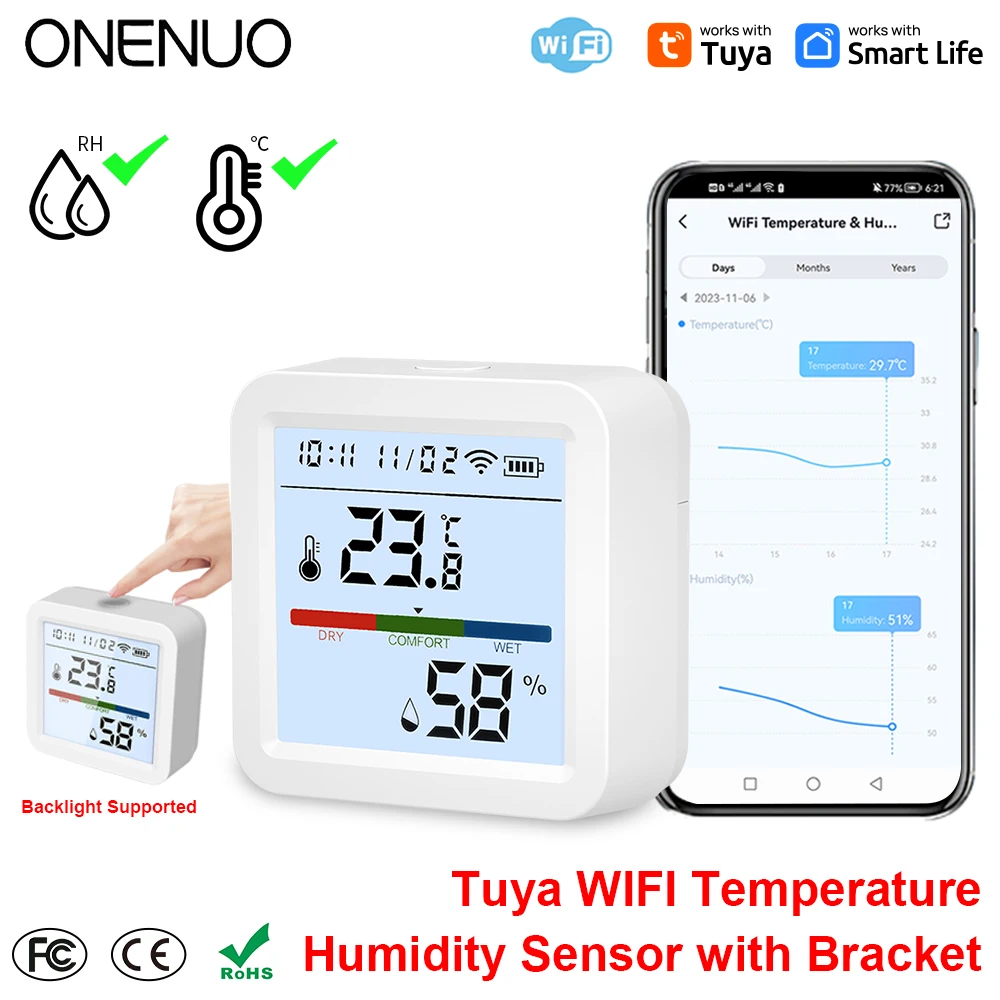 ONENUO Tuya WIFI 온도 습도 센서 습도계 온도계 스마트 홈 백라이트 스마트 라이프 지원 Alexa Assistant