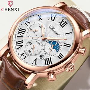 CHENXI 남성용 럭셔리 비즈니스 시계, 크로노그래프, 문페이즈 날짜, 방수, 다기능, 쿼츠 손목시계, 패션