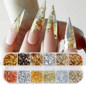 12 색 골드 호일 화려한 손톱 반짝이 무작위 알루미늄 플레이크 Paillette 칩 네일 디자인 Shinny Sparkles 네일 아트 장식