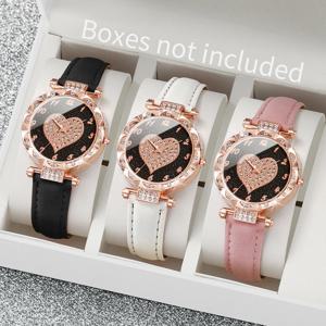 3PCS 여성 시계 패션 라인 석 하트 다이얼 쿼츠 시계 여성 가죽 밴드 손목 시계 세트 (상자 제외)